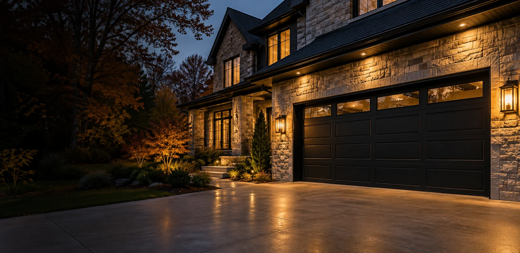 Illustrative stone home with a black sectional garage door at dusk